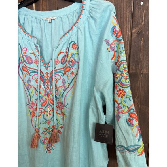 John Mark Tunic Top Turquoise Linen Embroidered Nwt Tassel 3/4 Sleeve 2X - Picture 3 of 13